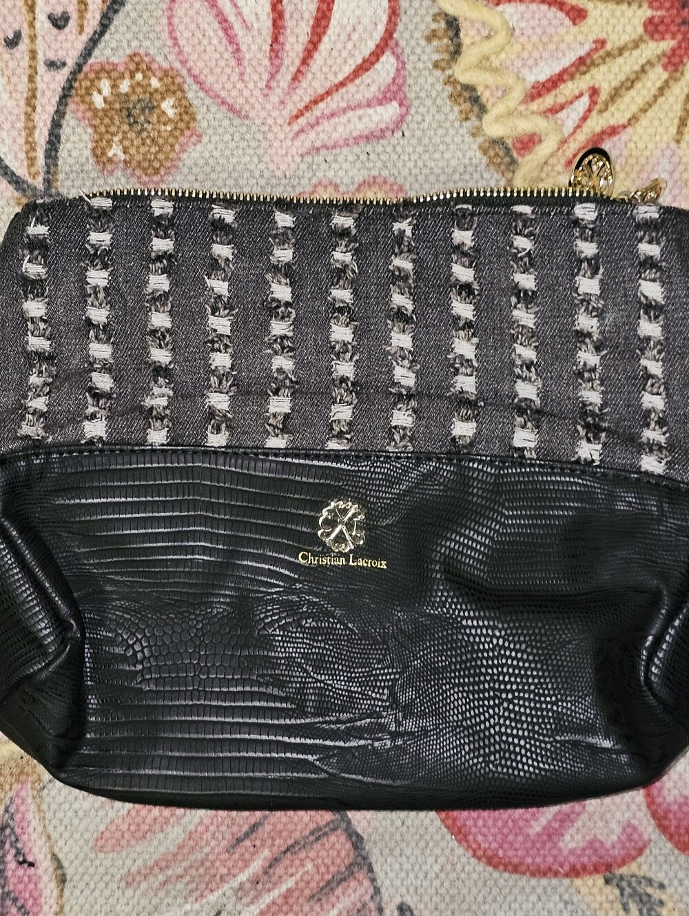 Christian Lacroix Black Textured Cosmetic Pouch with Tweed Accent
